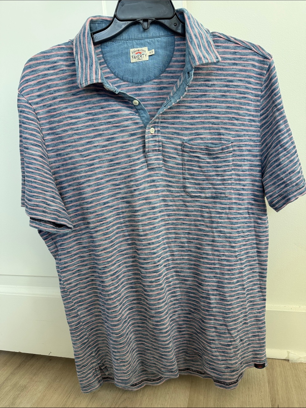 Faherty Striped Short-Sleeve Polo in Blue and Pink